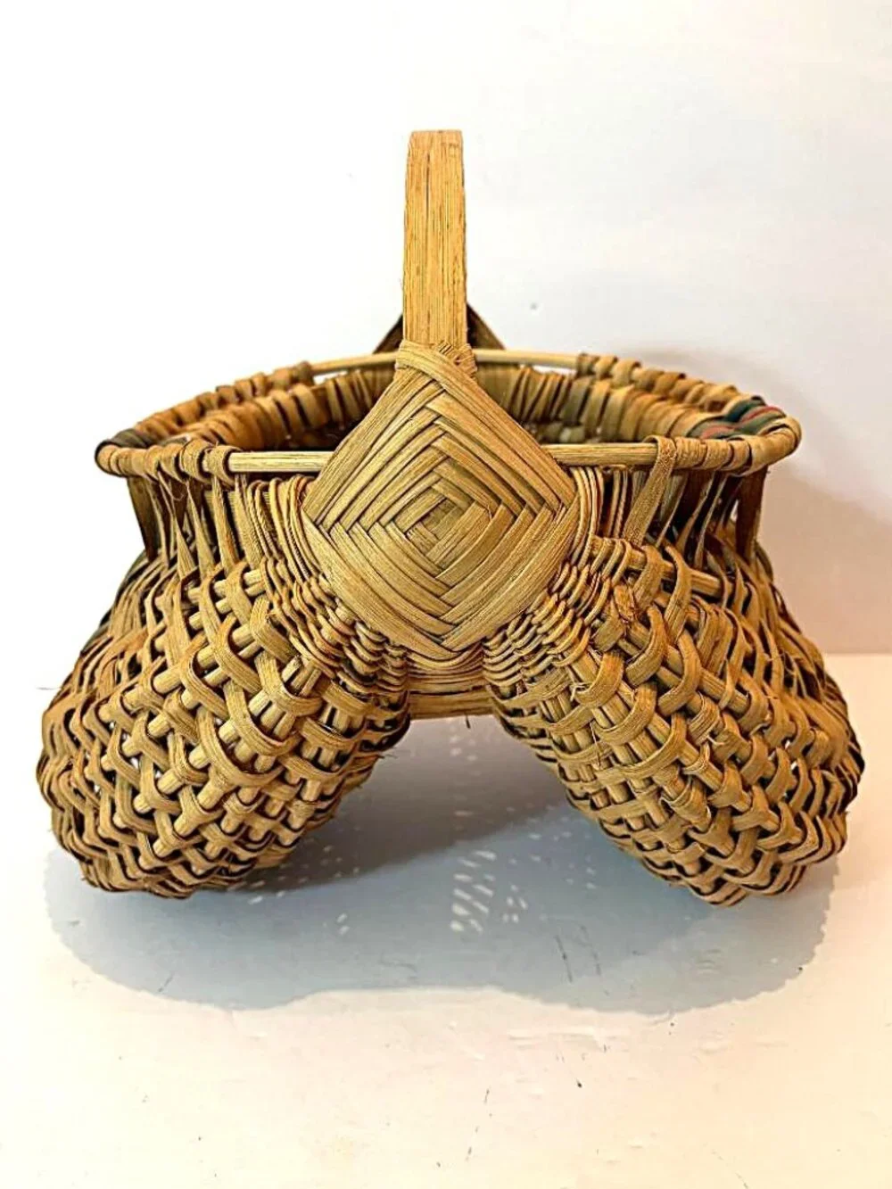 Vintage Handwoven Wicker Buttocks Basket with Gray & Red Stripes 12.5
